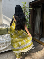 Black and Green Formal Pure Cotton Hand block Printed Saree