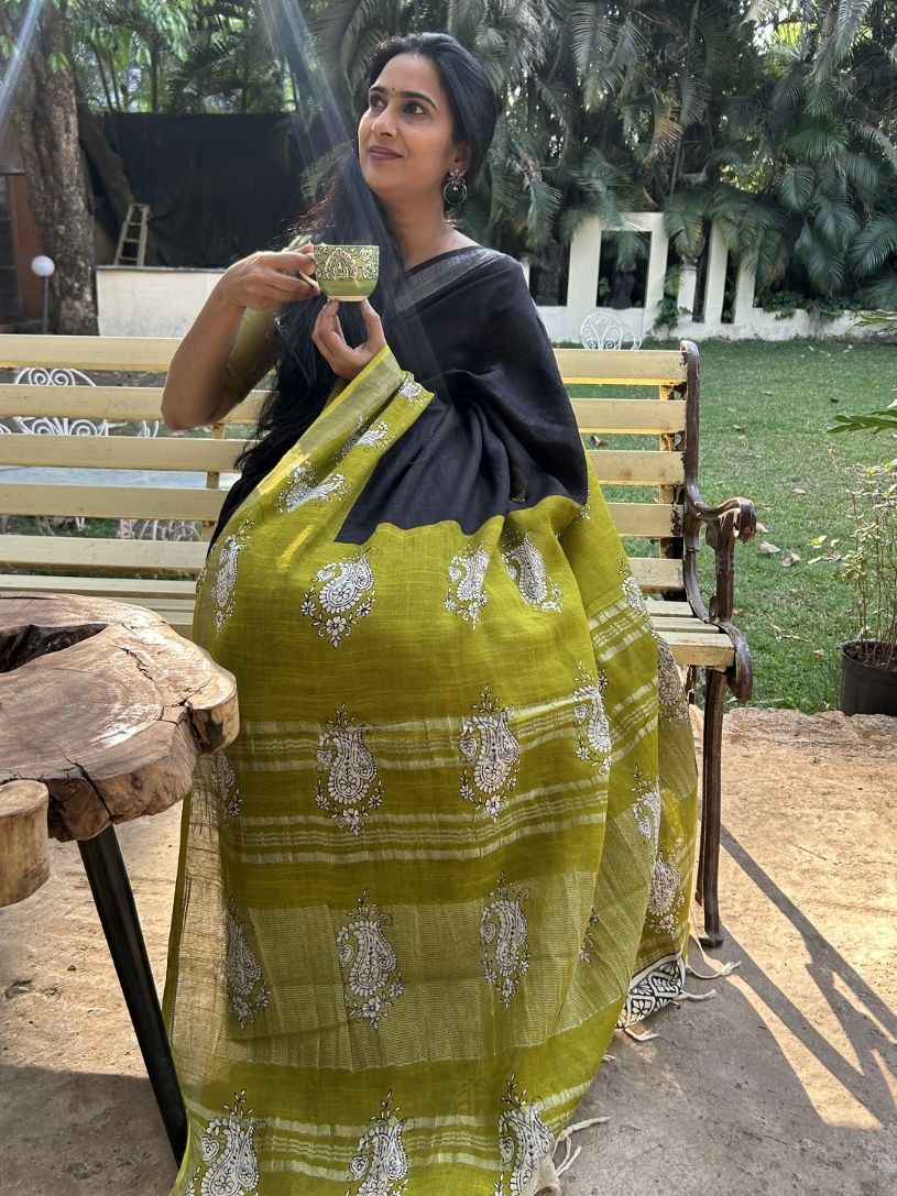 Black and Green Formal Pure Cotton Printed Saree