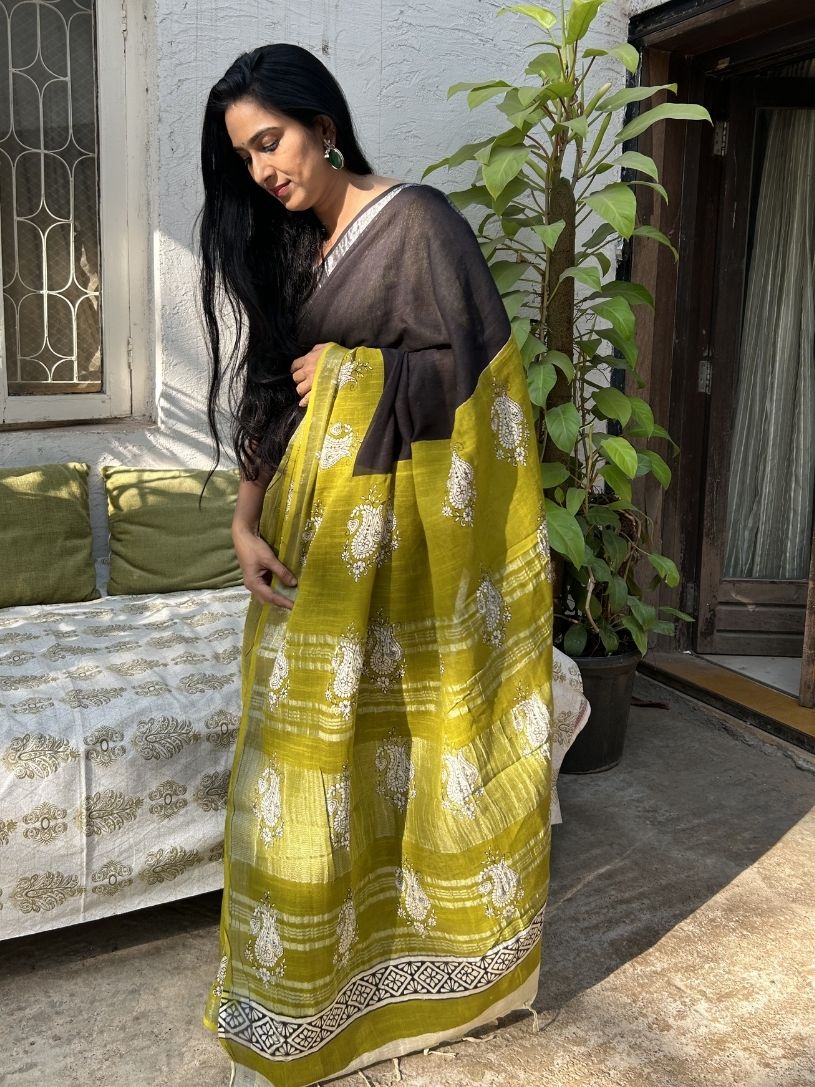 Black and Green Formal Pure Cotton Hand block Printed Saree