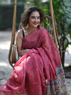 Red Semi Linen Saree with Kalamkari Pallu