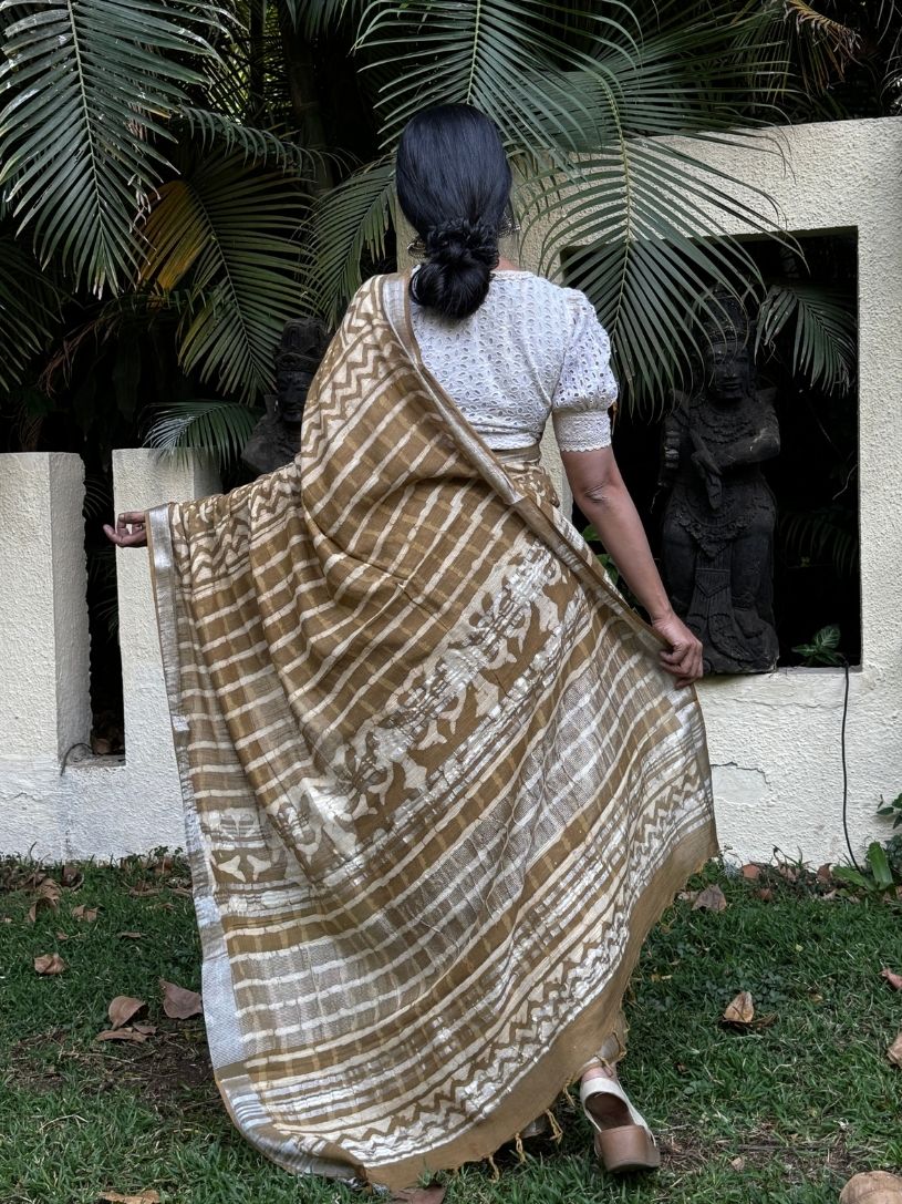 Brown Pure Cotton  Handblock Printed Formal Saree