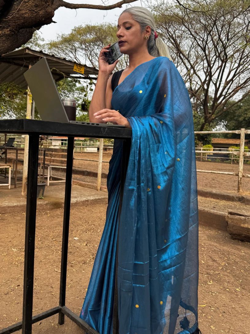Blue Tissue Cotton Saree with Gini Work