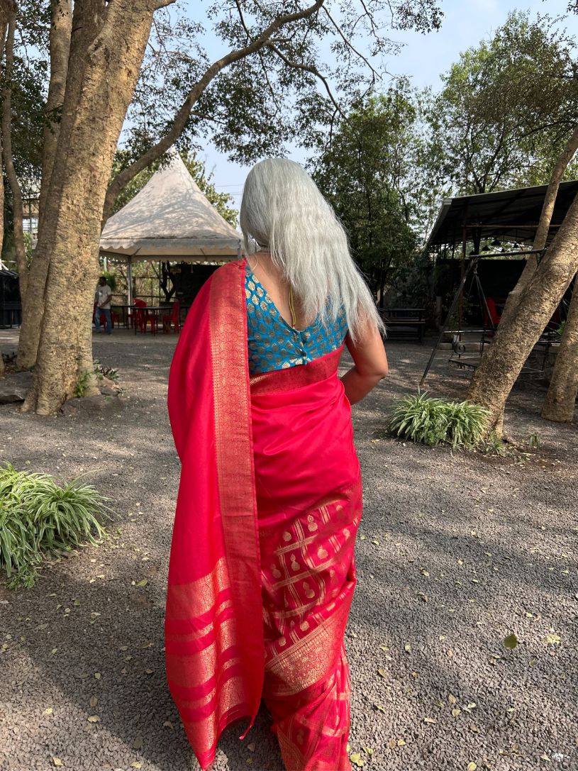 Red silk saree with zari border