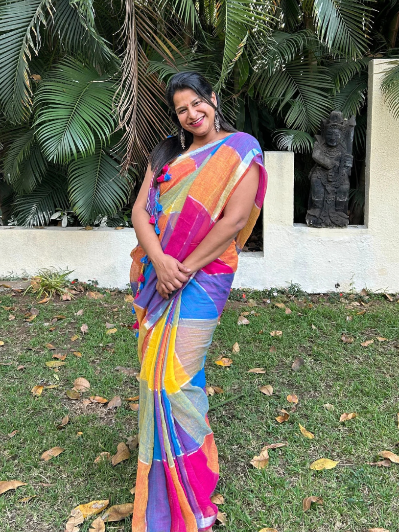 mutlicolor pure linen saree