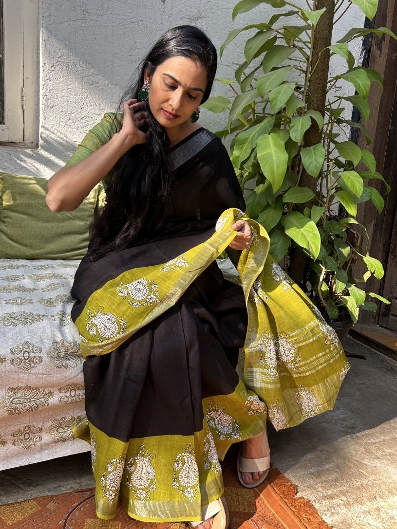 Black and Green Formal Pure Cotton Hand block Printed Saree