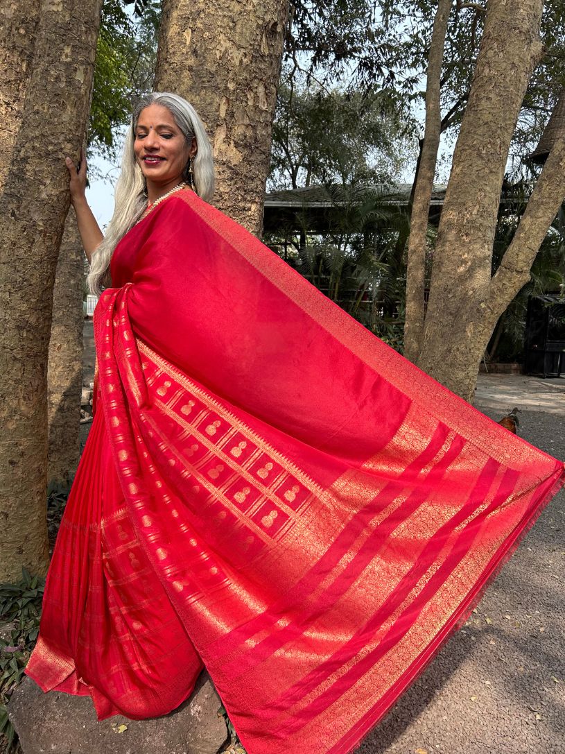 Red silk saree with zari border