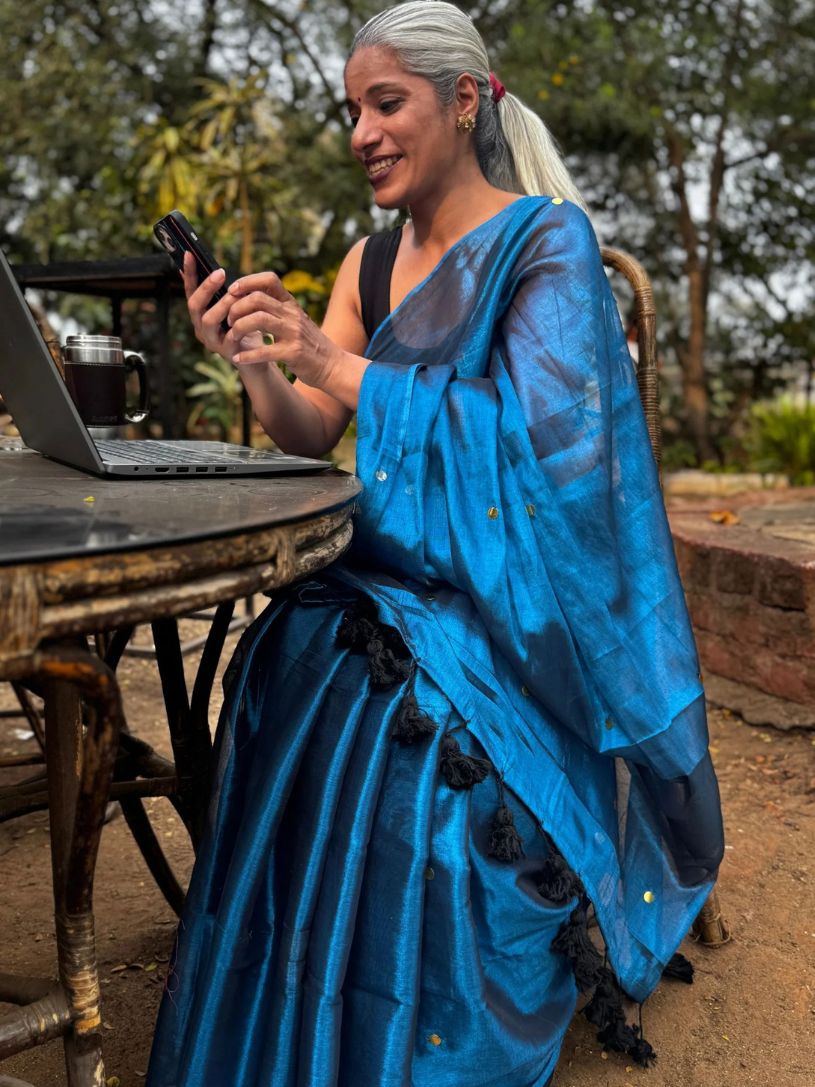 Blue Tissue Cotton Saree with Gini Work