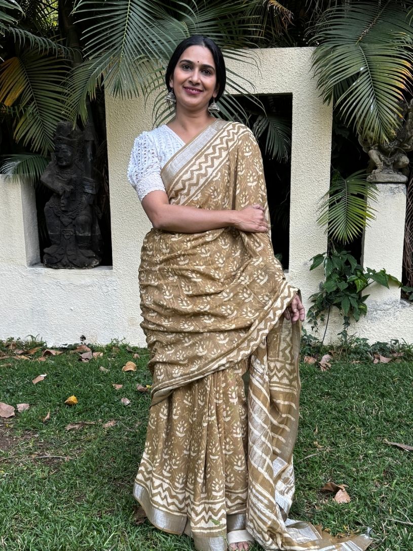 Brown Pure Cotton  Handblock Printed Formal Saree