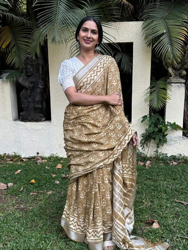 Brown Pure Cotton  Handblock Printed Formal Saree Hover Image