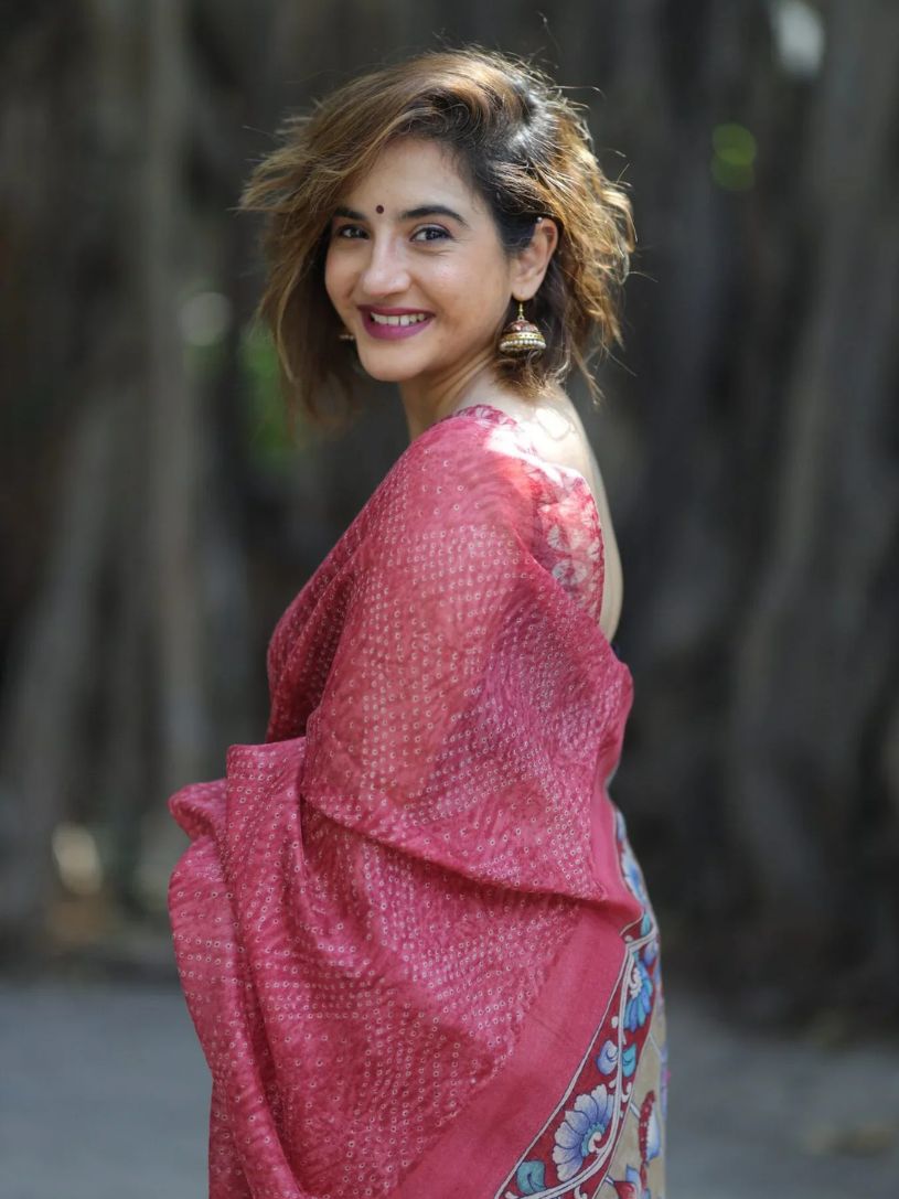 Red Semi Linen Saree with Kalamkari Pallu