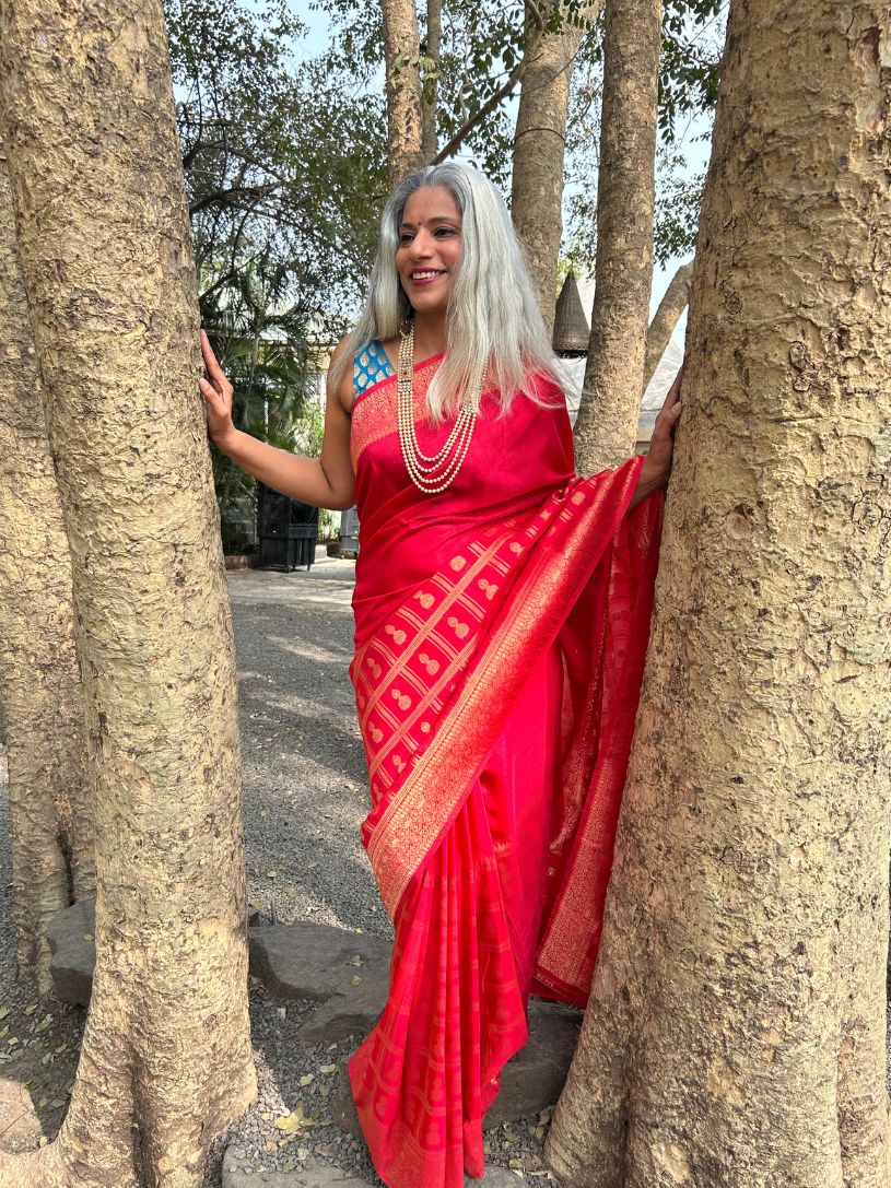 Red silk saree with zari border