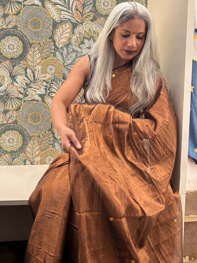 Brown Tissue Cotton Saree with Gini Work