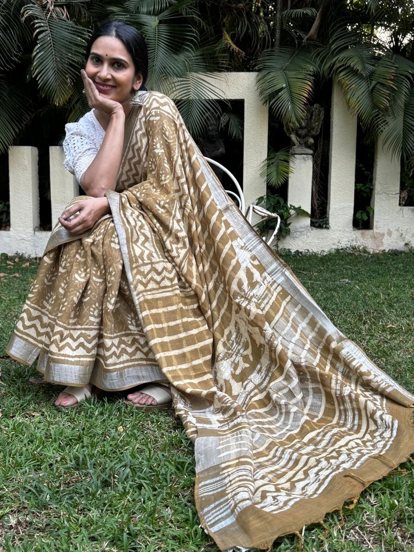 Brown Pure Cotton  Handblock Printed Formal Saree