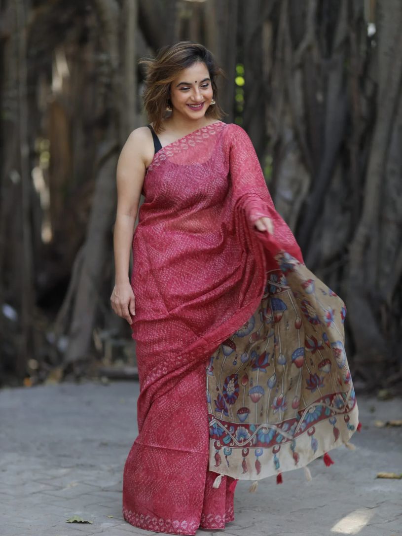 Red Semi Linen Saree with Kalamkari Pallu