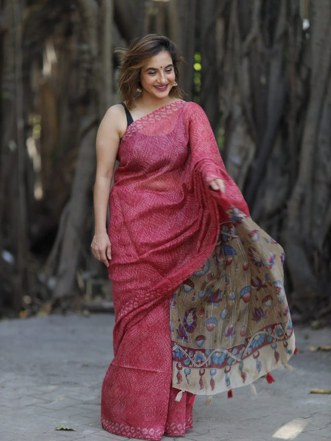 Red Semi Linen Saree with Kalamkari Pallu Hover Image
