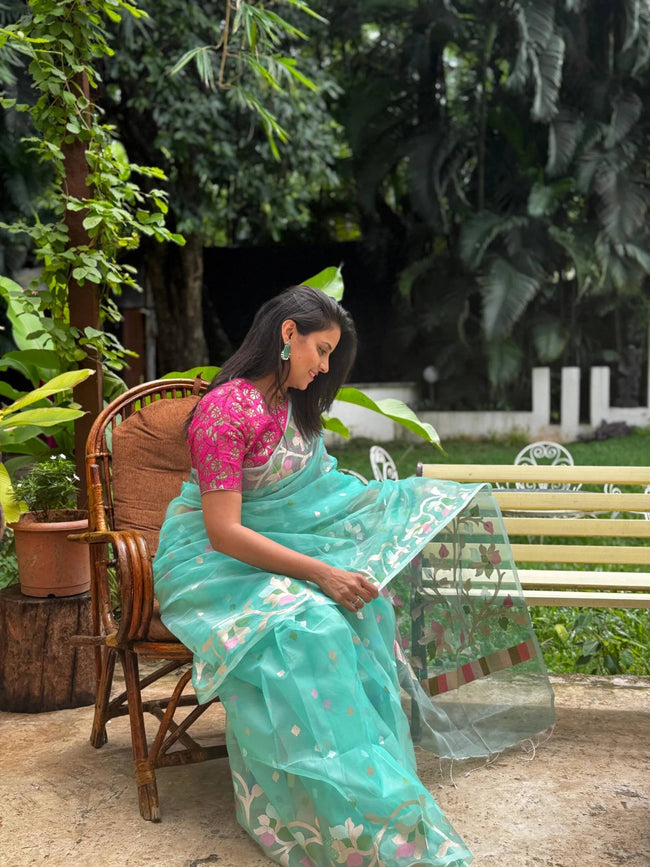 Sea Green Organza Saree With Floral Jamdani Weave Hover Image