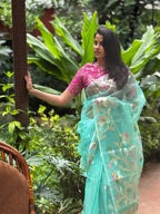 Sea Green Organza Saree With Floral Jamdani Weave