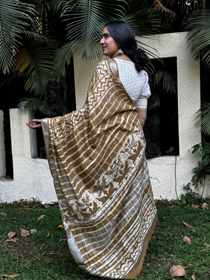 Brown Pure Cotton Printed Formal Saree