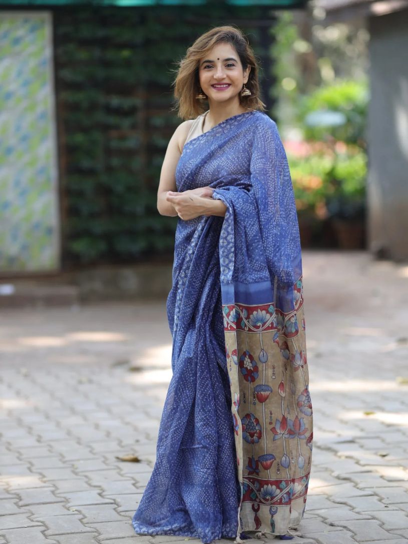 Indigo Blue Semi Linen Saree with Kalamkari Pallu