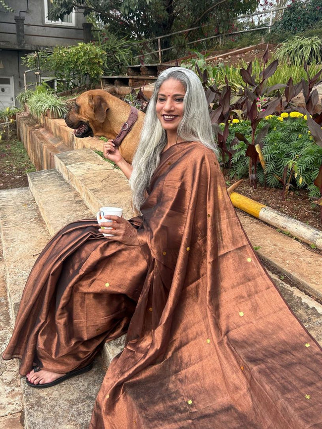 Brown Tissue Cotton Saree with Gini Work Main Image