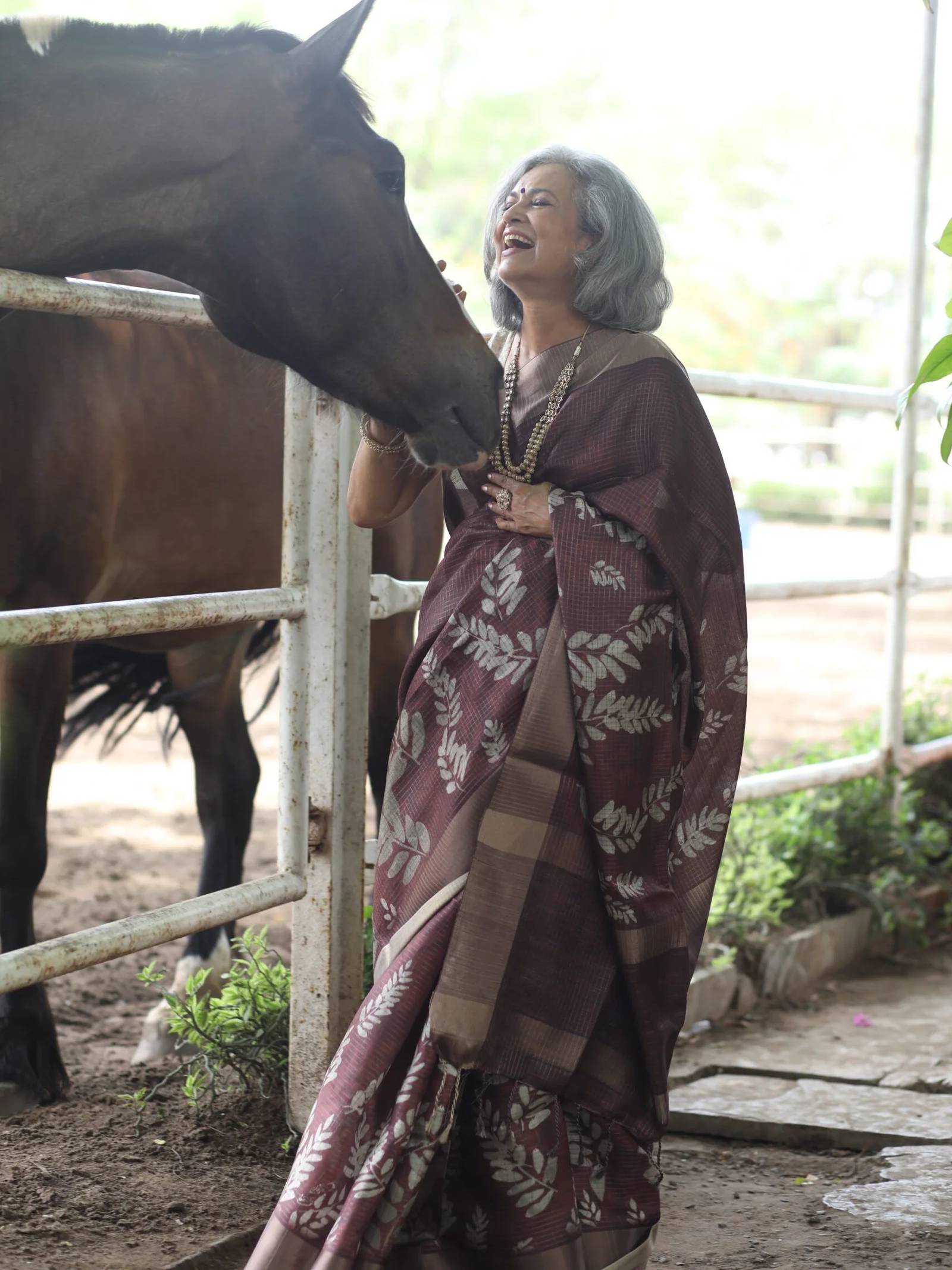 Mocha Brown Soft Tussar Silk Saree With Grey Leaf Print