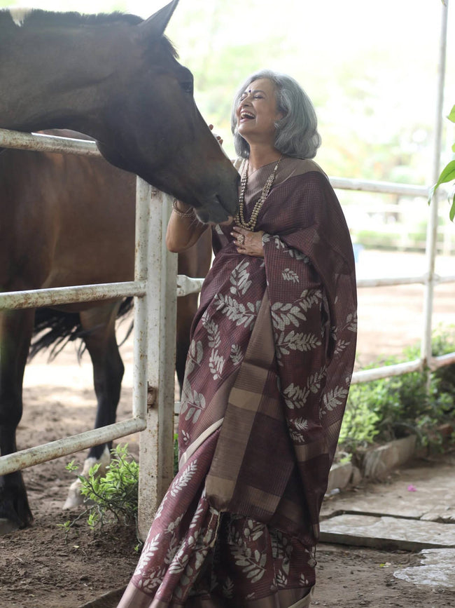 Mocha Brown Soft Tussar Silk Saree With Grey Leaf Print Main Image