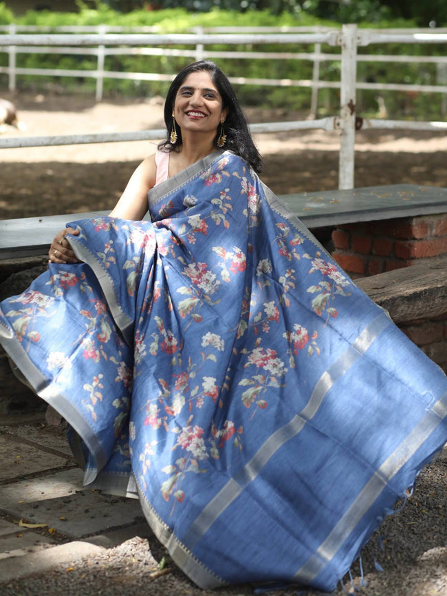 Sapphire Blue Soft Tussar Silk Saree With Multi-Coloured Florals Hover Image
