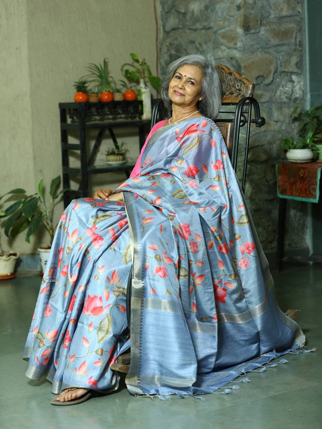 Sky Blue Soft Tussar Silk Saree With Lotus Motifs Hover Image