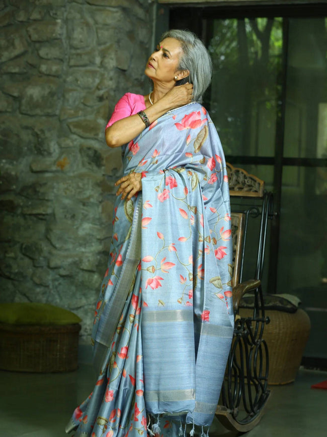 Sky Blue Soft Tussar Silk Saree With Lotus Motifs Main Image