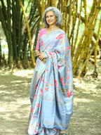 Sky Blue Soft Tussar Silk Saree With Lotus Motifs
