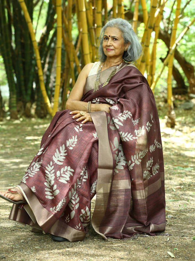 Mocha Brown Soft Tussar Silk Saree With Grey Leaf Print Hover Image