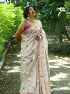 Warm White Soft Tussar Silk Saree With Multi-Coloured Florals