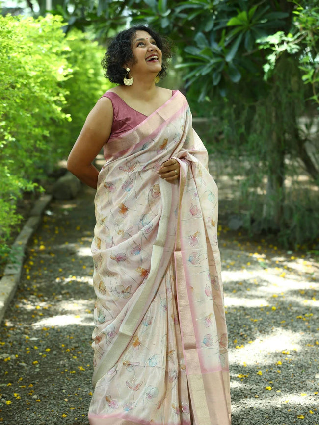 Warm White Soft Tussar Silk Saree With Multi-Coloured Florals Hover Image