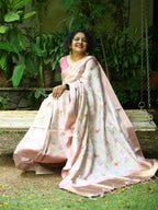 Warm White Soft Tussar Silk Saree With Multi-Coloured Florals