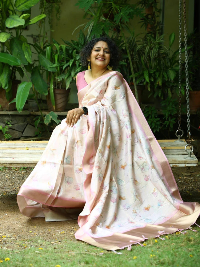 Warm White Soft Tussar Silk Saree With Multi-Coloured Florals Main Image