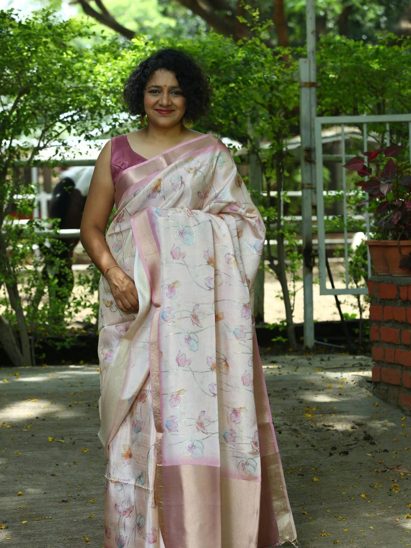 Warm White Soft Tussar Silk Saree With Multi-Coloured Florals