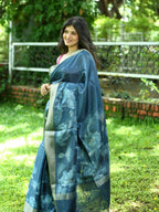 Dark Cyan Blue Soft Tussar Silk Saree With Checkered Floral Print