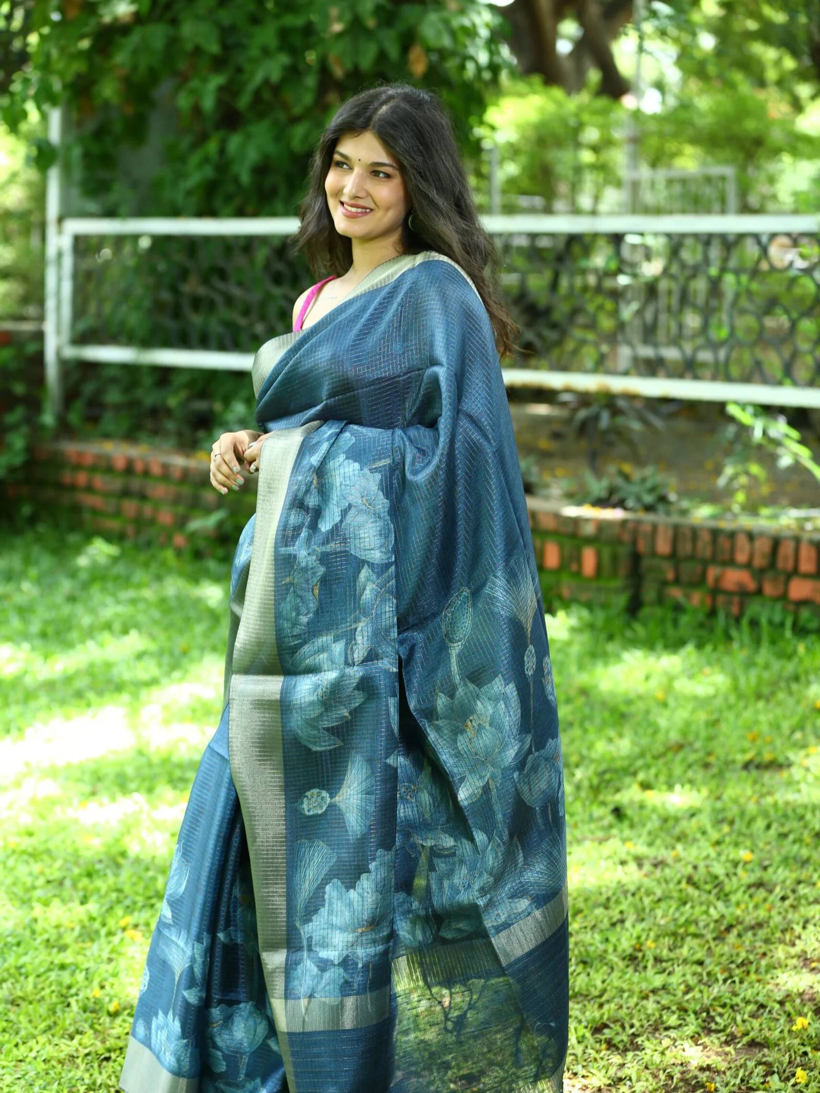 Dark Cyan Blue Soft Tussar Silk Saree With Checkered Floral Print