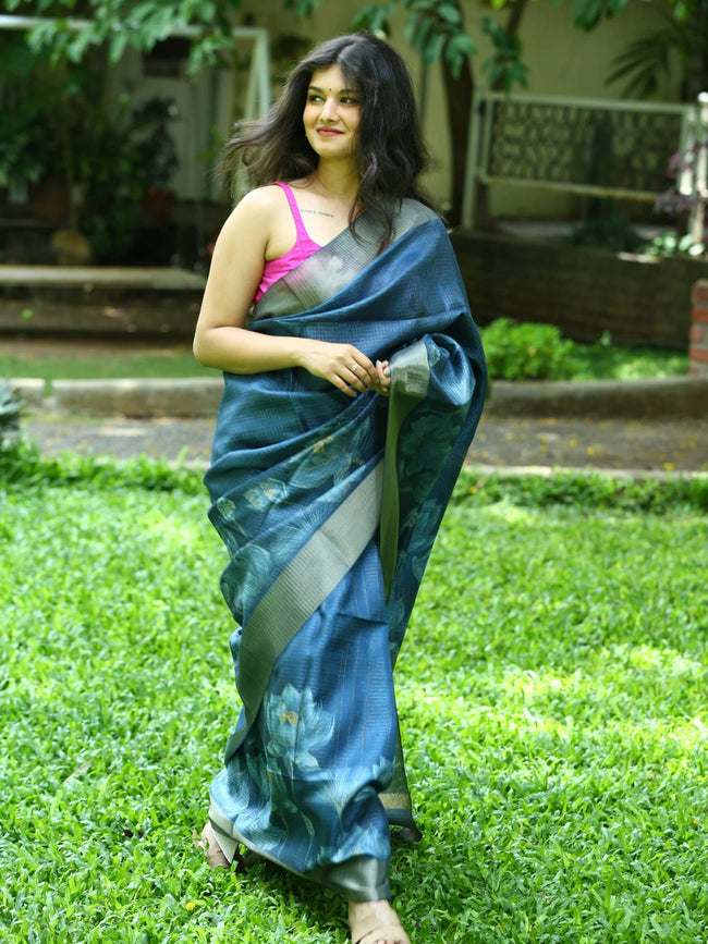 Dark Cyan Blue Soft Tussar Silk Saree With Checkered Floral Print Hover Image