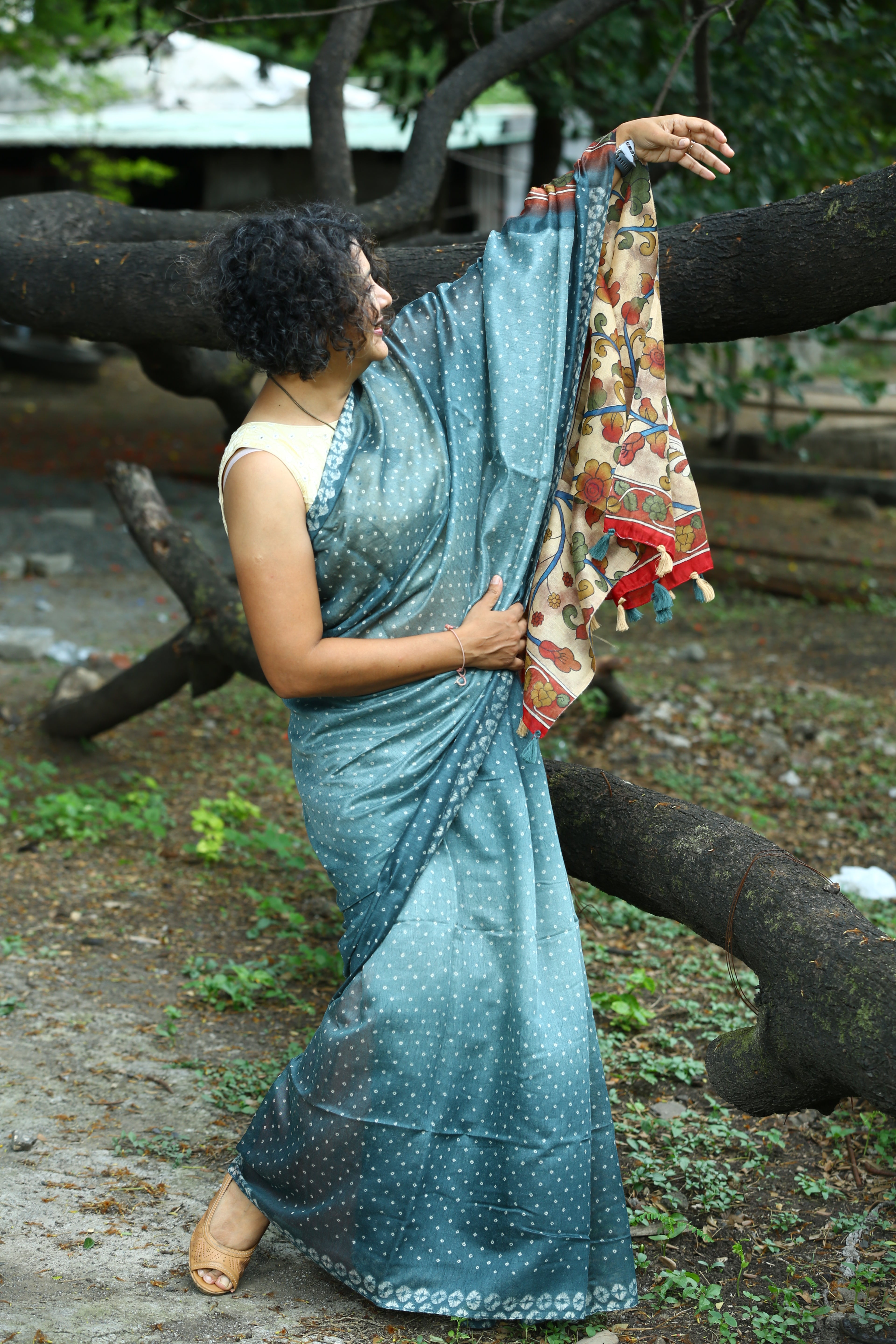 Teal Blue Saree with Kalamkari Pallu