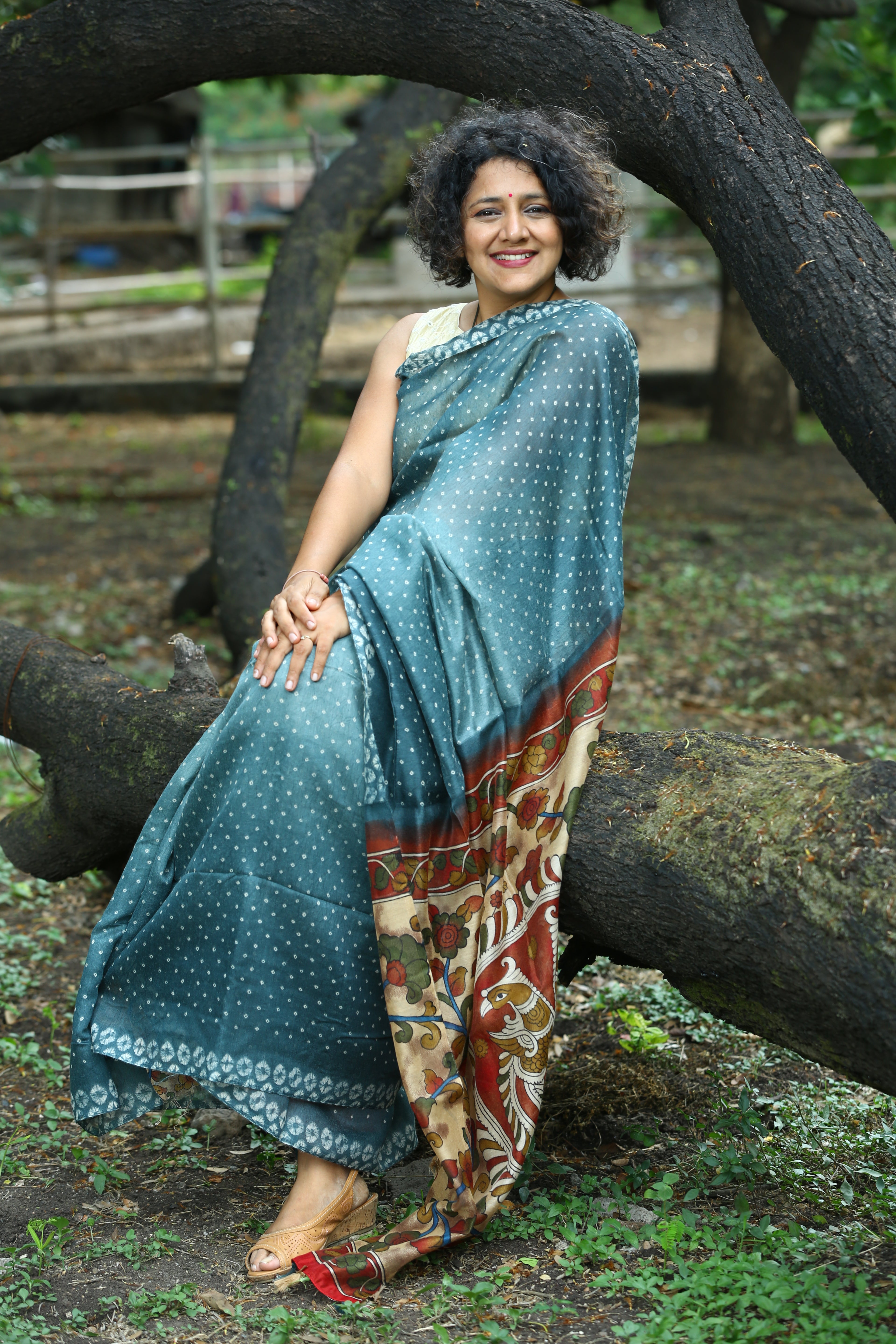 Teal Blue Saree with Kalamkari Pallu