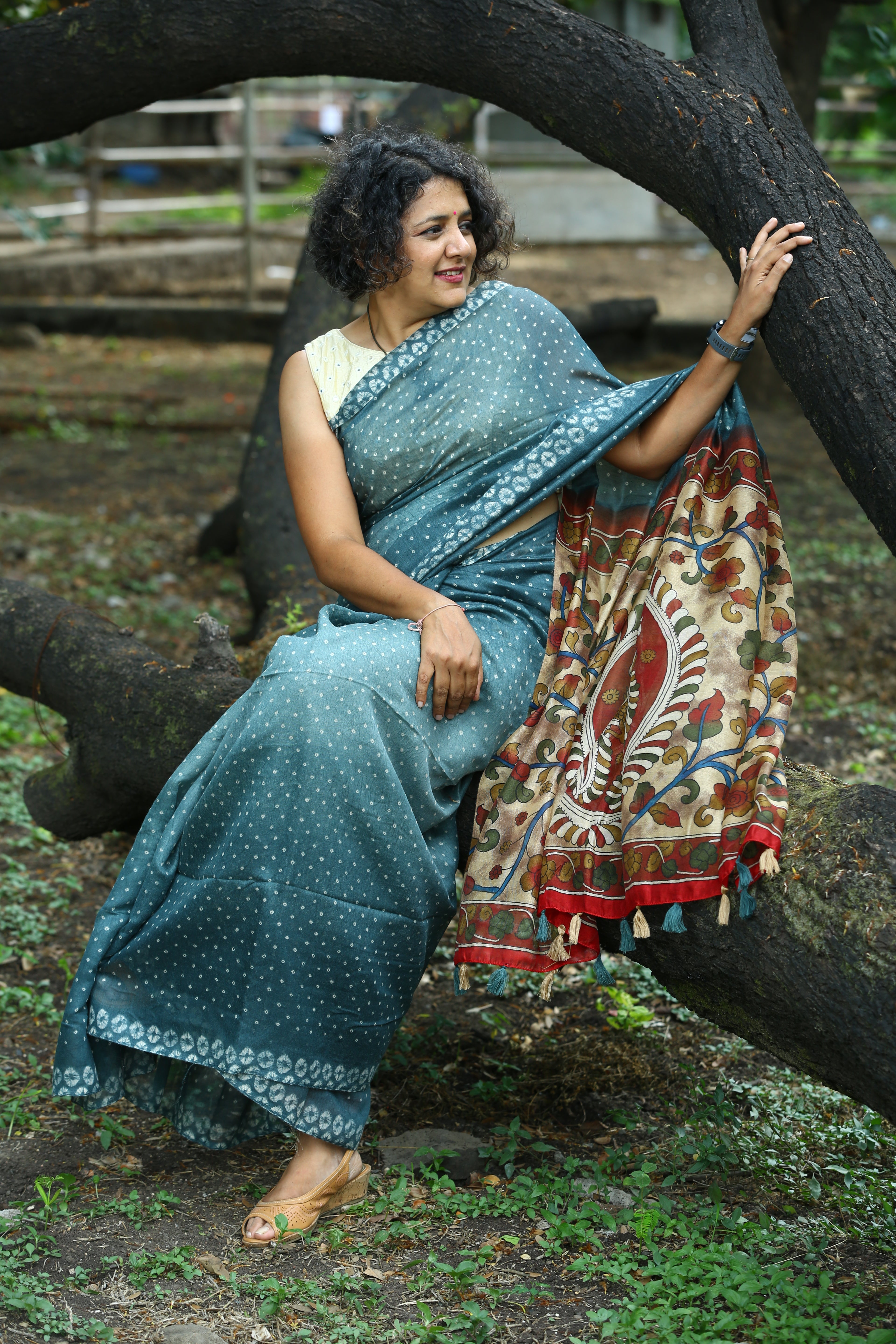 Teal Blue Saree with Kalamkari Pallu