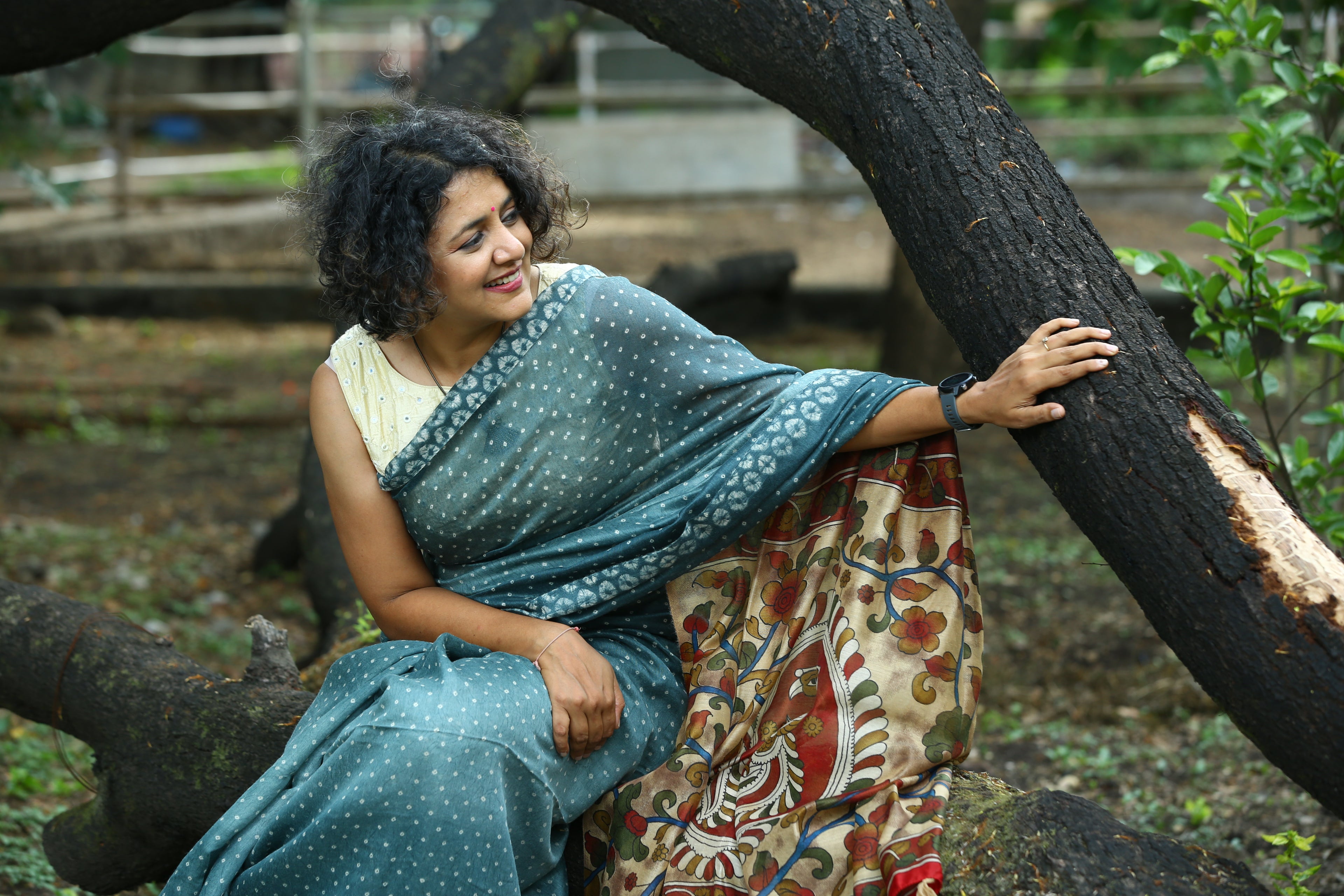 Teal Blue Saree with Kalamkari Pallu