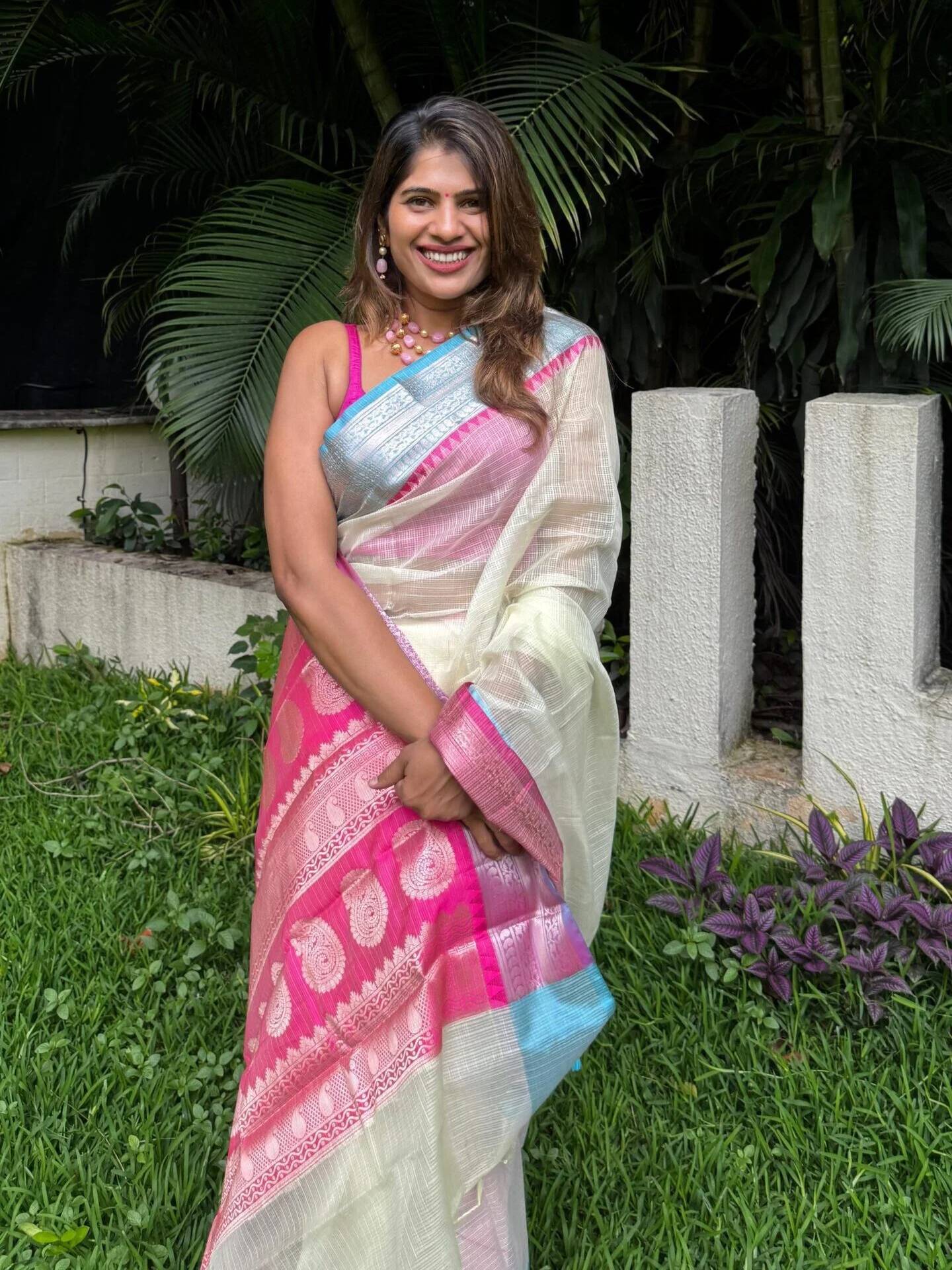 Cream Kota Saree With Pink & Blue Border