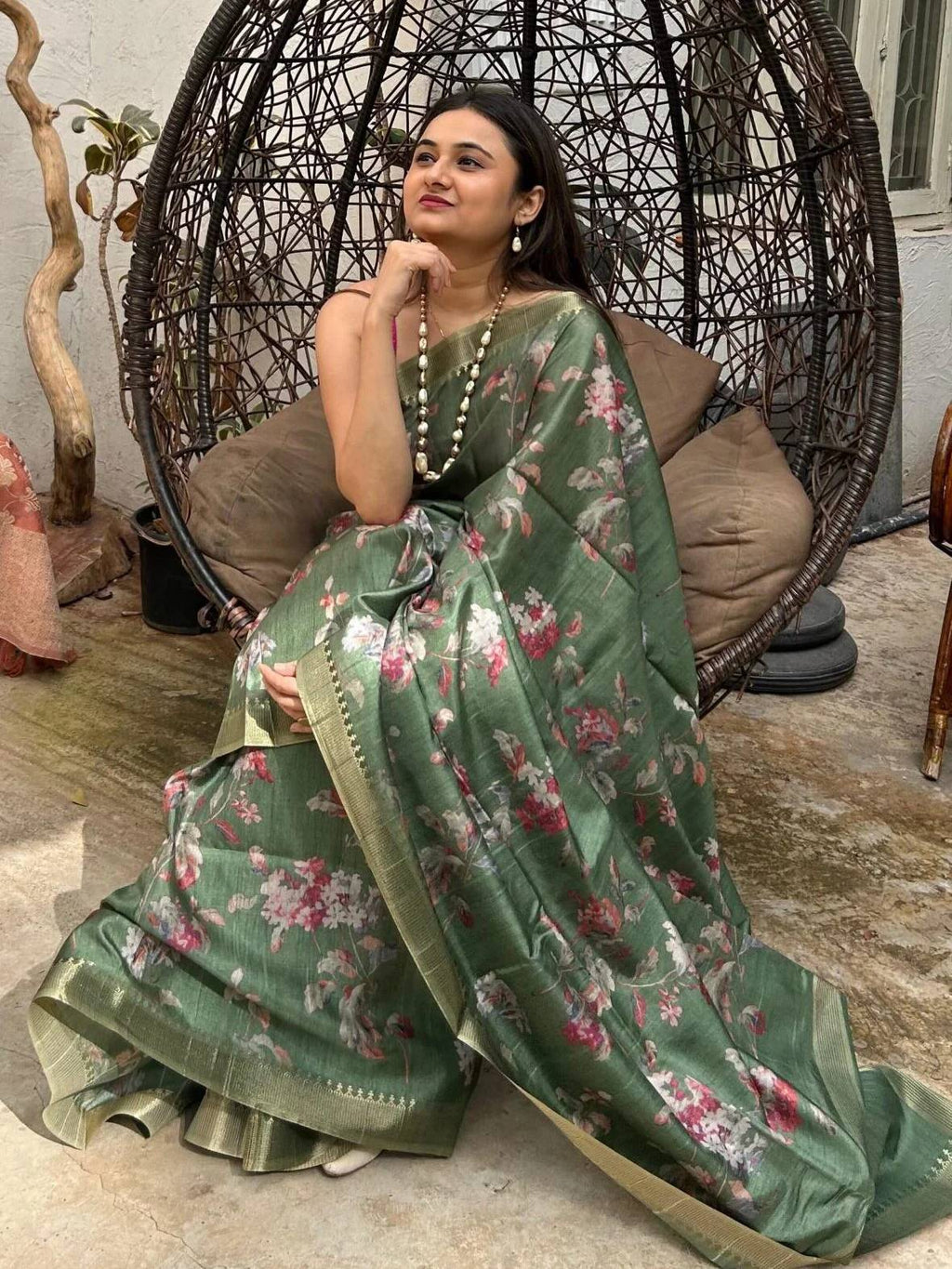 Deep Green Soft Tussar Silk Saree